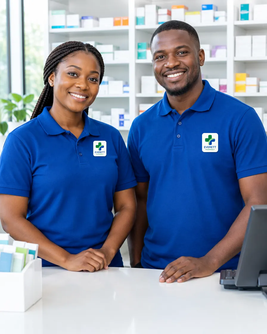 Illustrative AI-generated image of two smiling pharmacy professionals in blue Everett Pharmacy polo shirts behind a counter.