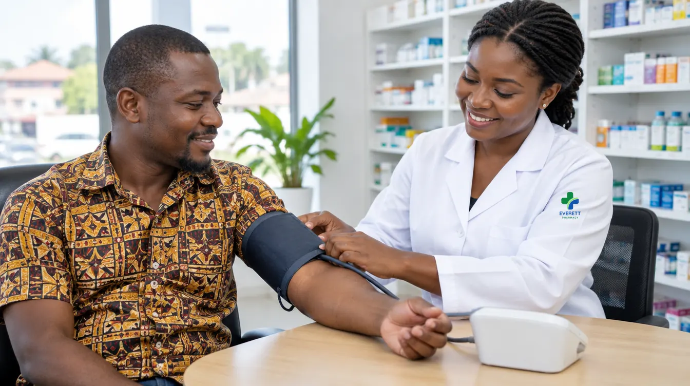 Illustration: a pharmacist in an Everett Pharmacy white coat fits a blood pressure cuff on a seated customer's arm.