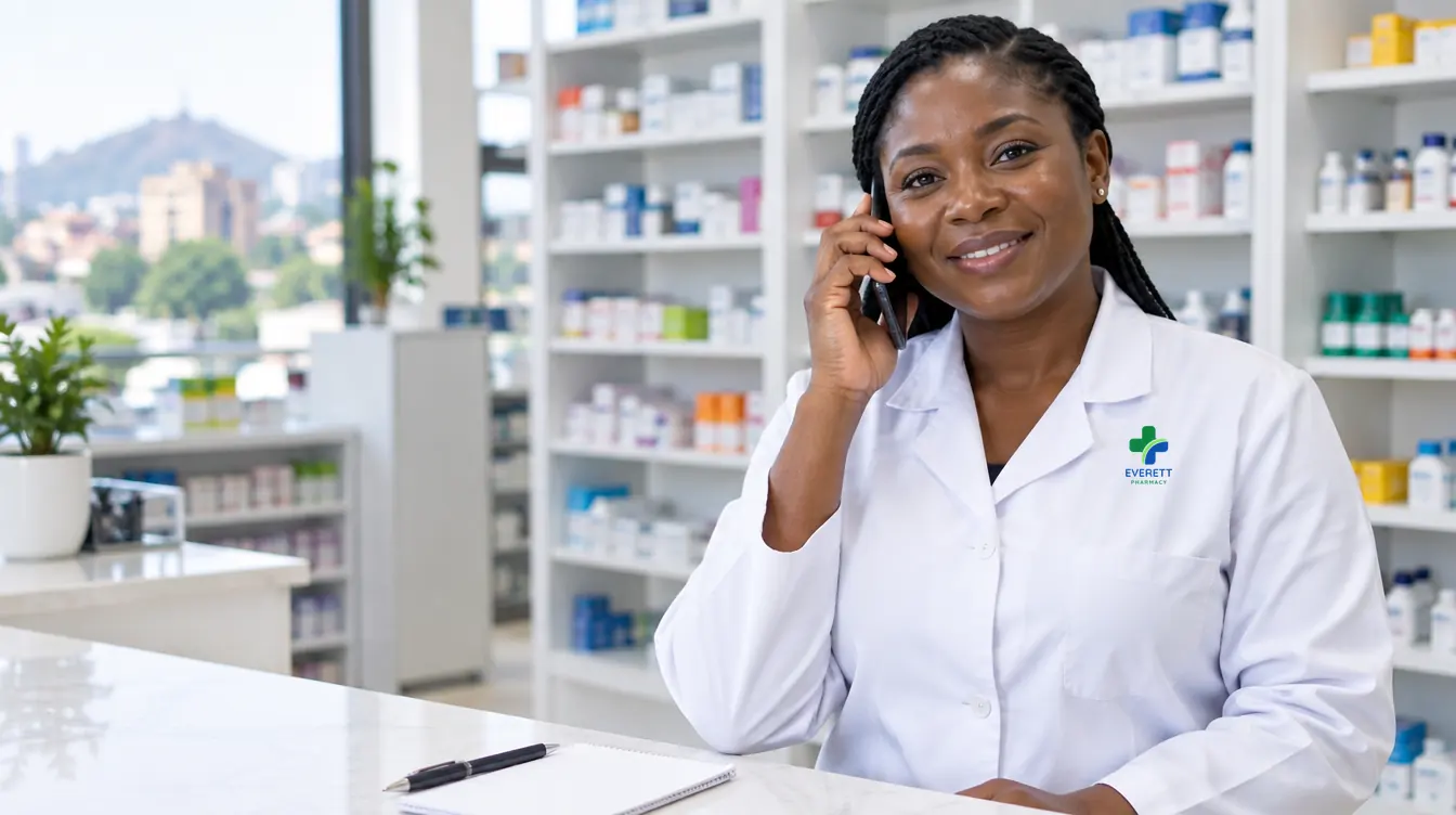 Illustration: a pharmacist in an Everett Pharmacy white coat speaking with a customer on the phone at the counter.