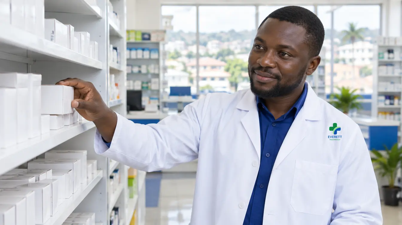 Illustration: a pharmacist in an Everett Pharmacy white coat checks a box on the pharmacy shelf.