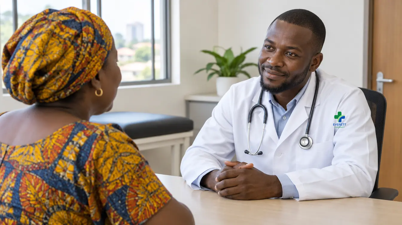 Illustration: a doctor in an Everett Pharmacy white coat with a stethoscope listens to a patient in a consultation room.