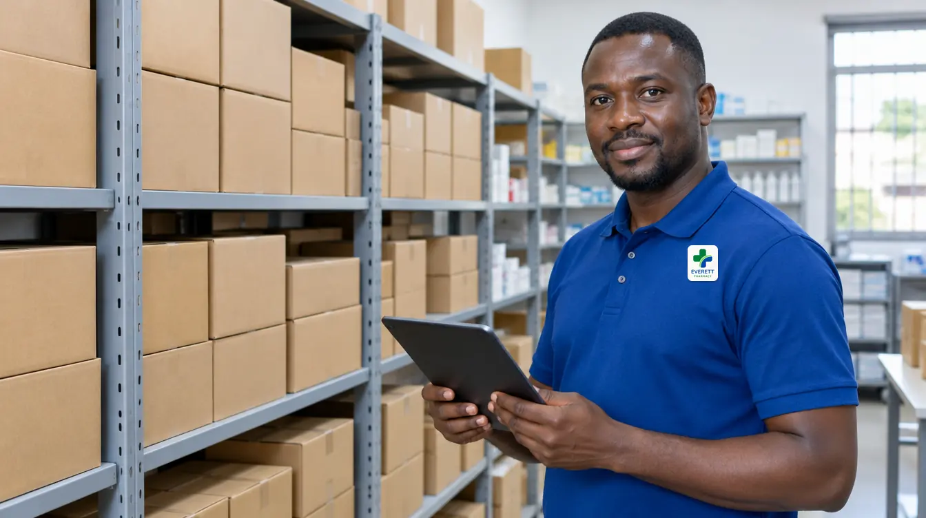 Illustration: a staff member in a blue Everett Pharmacy polo checks carton stock on a tablet in a tidy storeroom.